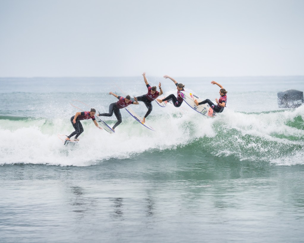 A sequence of a surfer performing tricks on a wave, showcasing dynamic movement in the water.